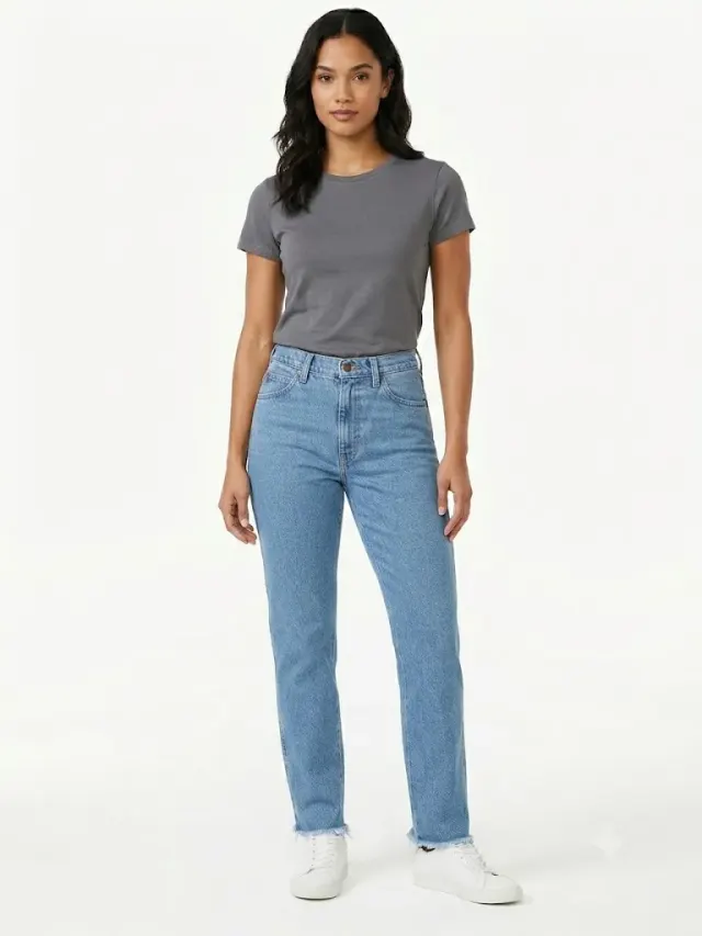  Women's Wrangler  High-Waisted Straight Leg Jeans with Raw Frayed Hem