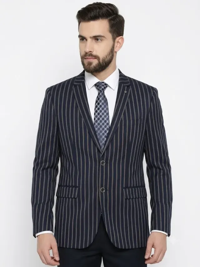 Louis Philippe Men’s Navy Blue & Brown Striped Slim Fit Wool Blend Blazer