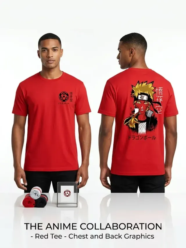 THE ANIME COLLABORATION Men's Crimson Red Anime Graphic T-Shirt – Front Emblem & Back Art Print