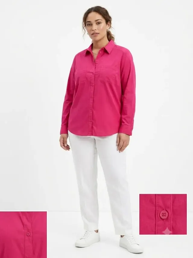 M&S Collection Women’s Bright Pink Long-Sleeve Button-Down Shirt with Dual Chest Pockets