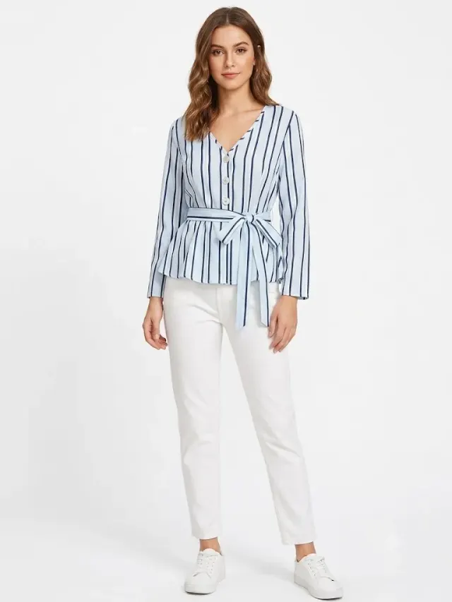 SHEIN Women's V-Neck Vertical Striped Tie-Front Peplum Top