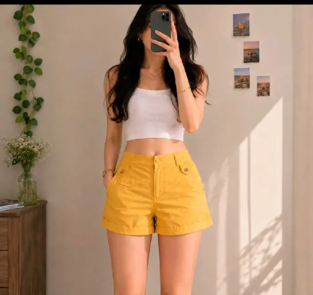 Cottonworld Women’s Yellow 100% Prewashed Cotton Chino Shorts with Pockets – Size L (80 cm)