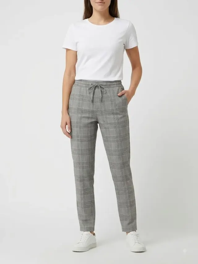 H&M Women's Slim Fit Glen Plaid Pull-On Trousers with Drawstring Waist