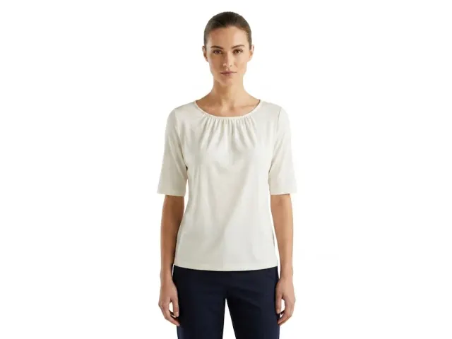 H&M Women's Off-White Pleated Scoop Neck Half-Sleeve Blouse Top (Size XS)