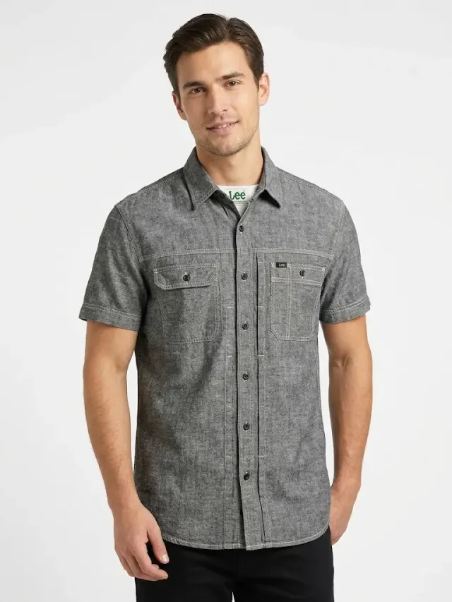 Lee Men's Vintage Dark Grey Chambray Short-Sleeve Work Shirt