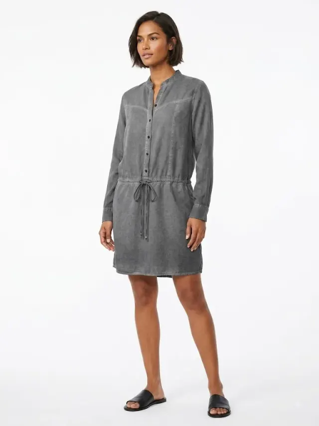 Wrangler Women's Washed Grey Long-Sleeve Utility Shirt Dress with Drawstring Waist