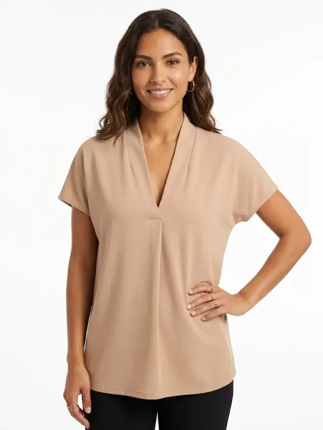 H&M Women's Deep V-Neck Pleated Short Sleeve Blouse – Tan / Beige (Size L)