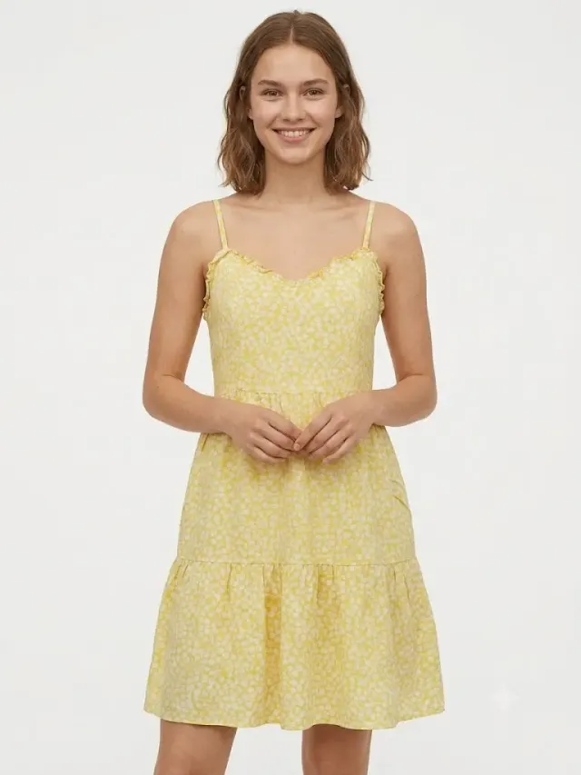 H&M DIVIDED Women's Yellow Floral Ruffled Spaghetti Strap Mini Sundress