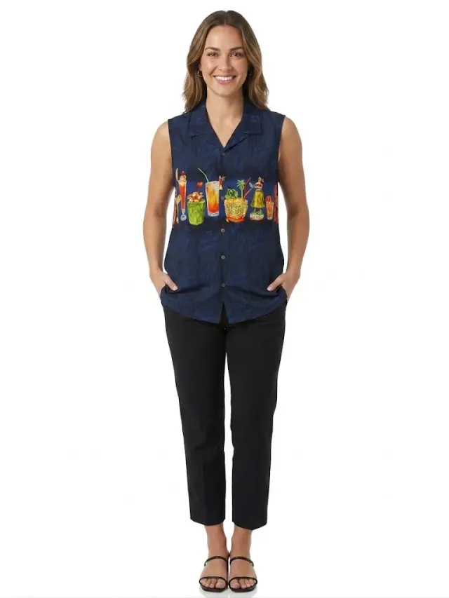 Big Dogs Vintage "It's 5 O'Clock Somewhere" Tropical Cocktail Sleeveless Rayon Button-Down Shirt – Women's Small