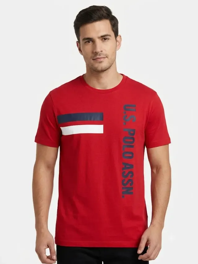 U.S. POLO ASSN. Men’s Red Graphic Tee with Vertical Logo and Chest Stripes