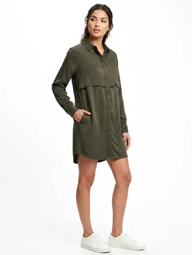 Forever 21 Women's Olive Green Utility Flap Longline Shirt Dress