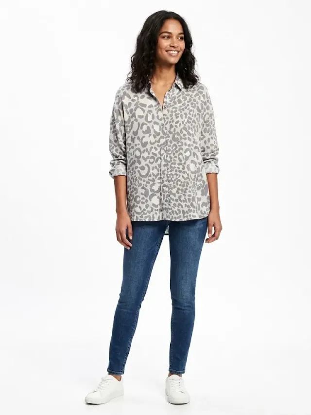 H&M Women's Grey Animal Print Oversized Button-Down Shirt