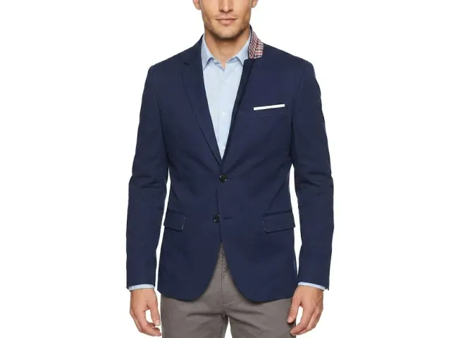Zara Men's Slim Fit Navy Blue Casual Blazer with Checkered Lining