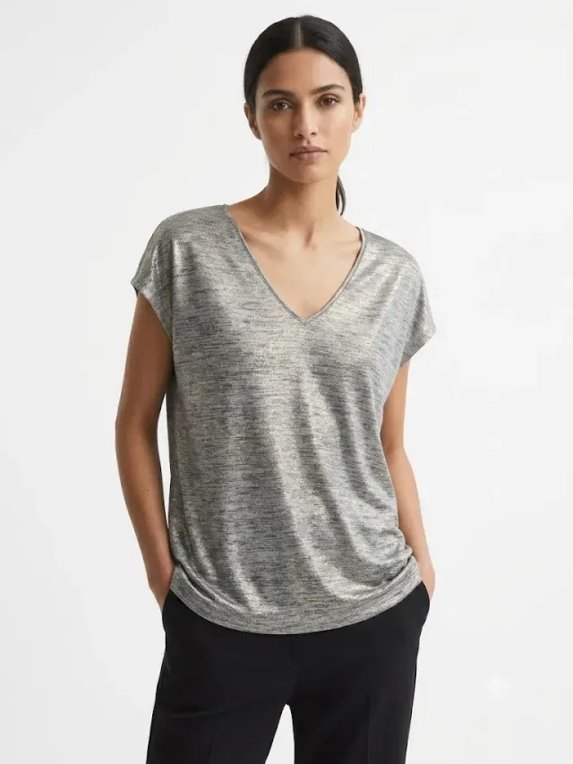 H&M Women's Metallic Shimmer V-Neck T-Shirt – Short Sleeve Relaxed Fit Top (Size L)