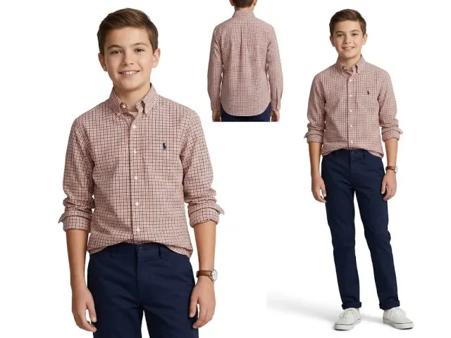 Ralph Lauren Boys Orange & Navy Blue Plaid Long-Sleeve Button-Down Shirt (Size M 10-12)