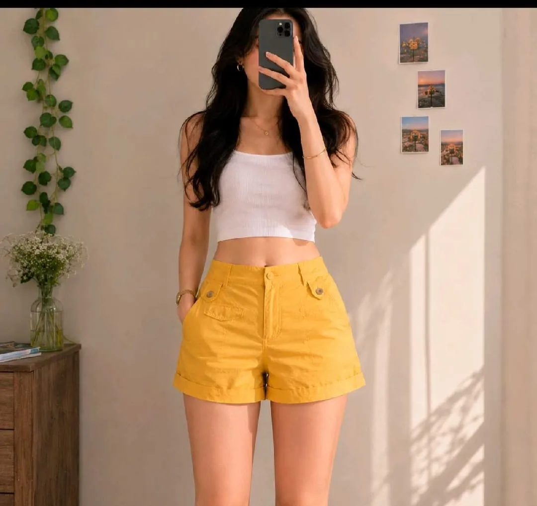Cottonworld Women’s Yellow 100% Prewashed Cotton Chino Shorts with Pockets – Size L (80 cm)