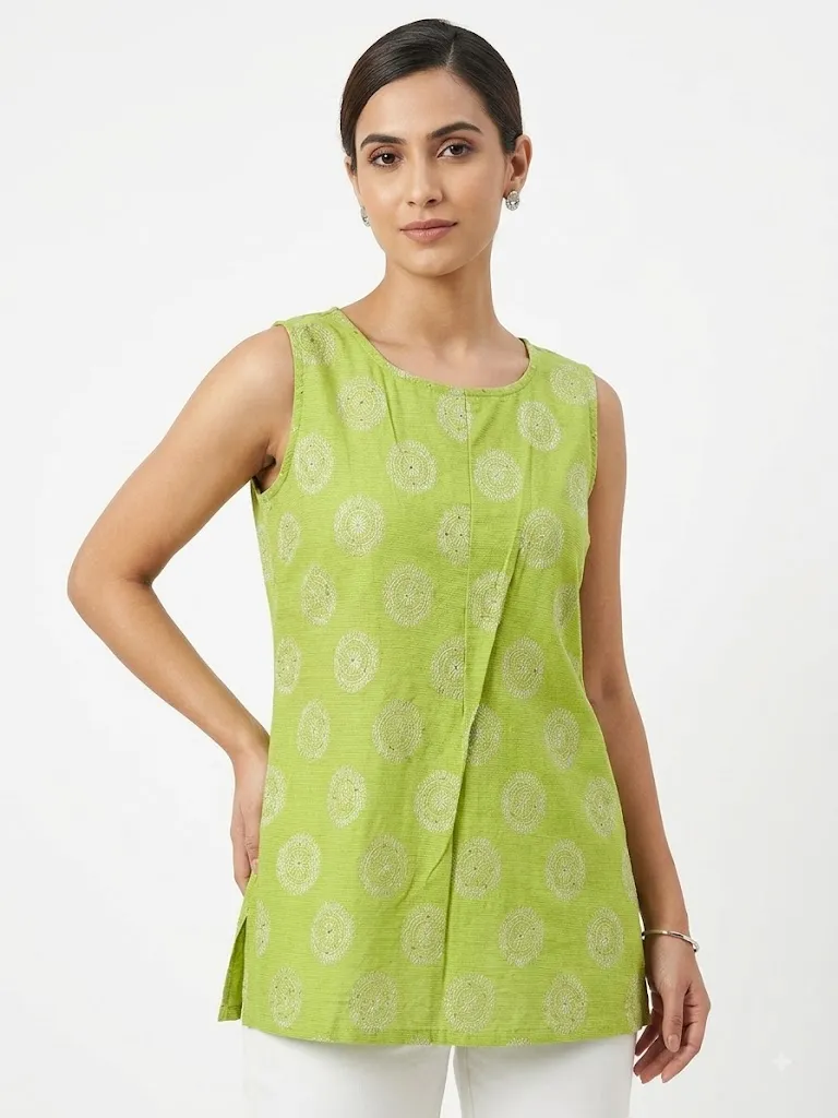 Globus Sleeveless Lime Green Mandala Print Fusion Top with Pleat Detail for Women