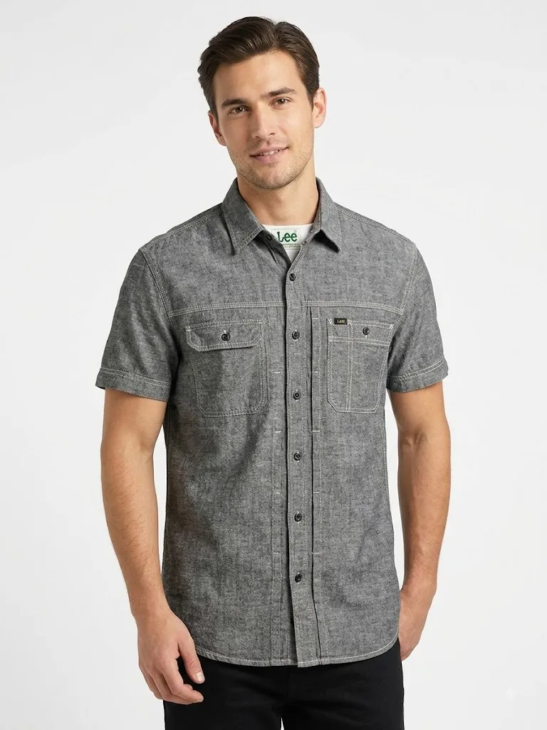 Lee Men's Vintage Dark Grey Chambray Short-Sleeve Work Shirt