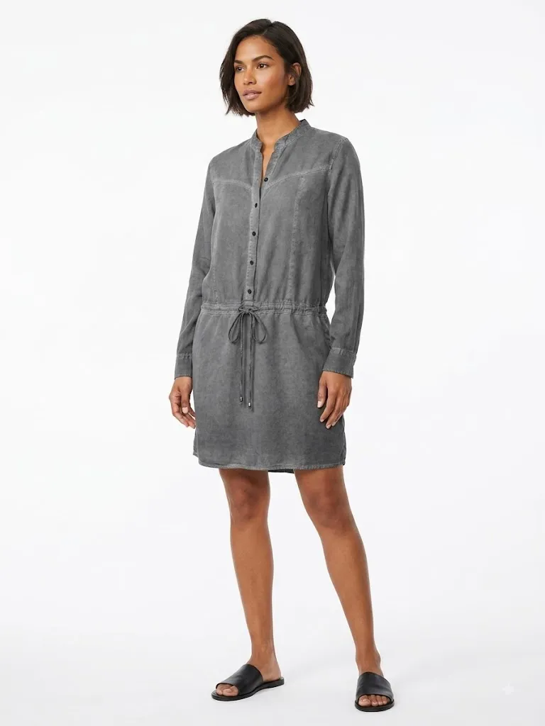 Wrangler Women's Washed Grey Long-Sleeve Utility Shirt Dress with Drawstring Waist