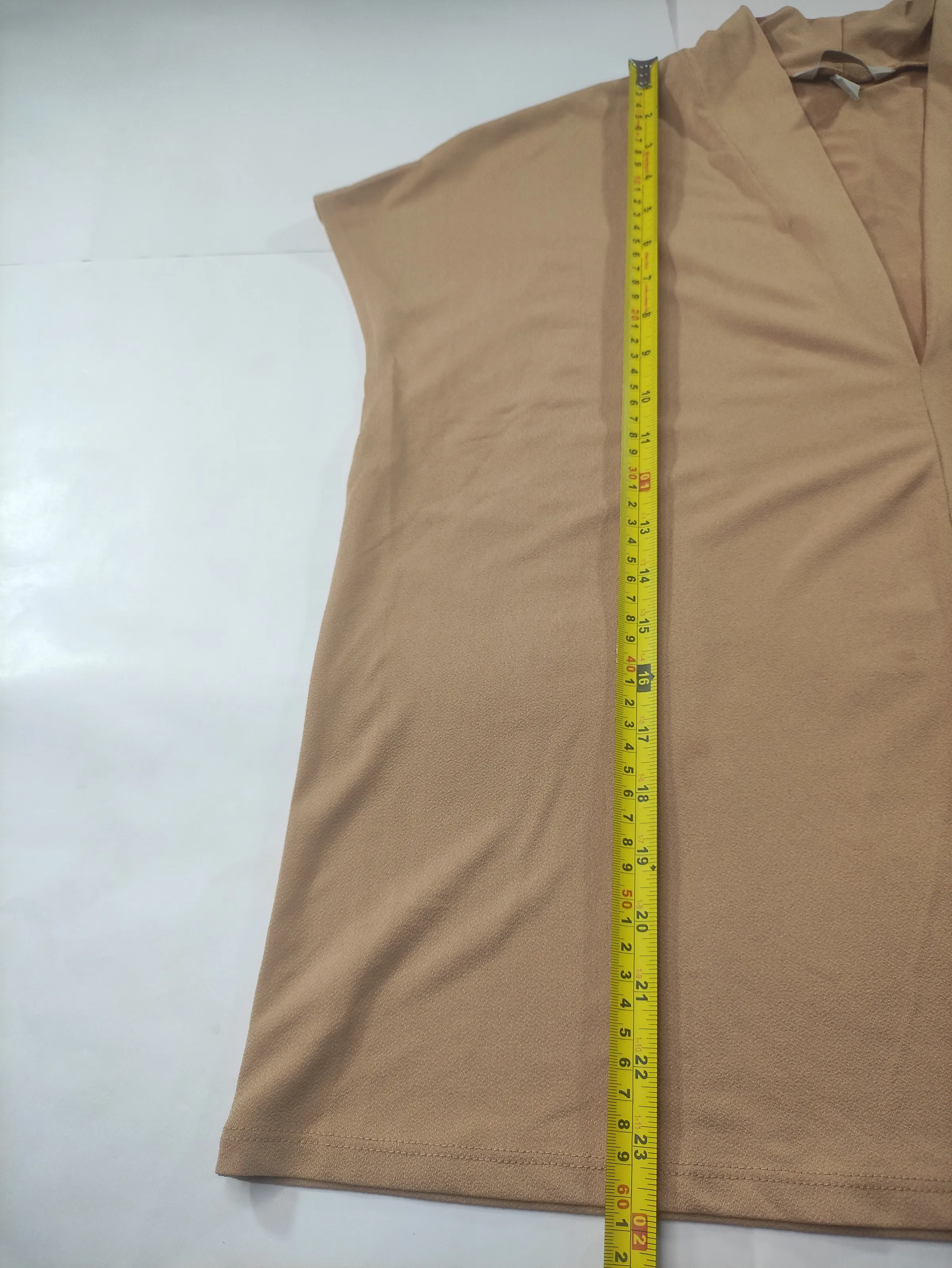 H&M Women's Deep V-Neck Pleated Short Sleeve Blouse – Tan / Beige (Size L) — view 7