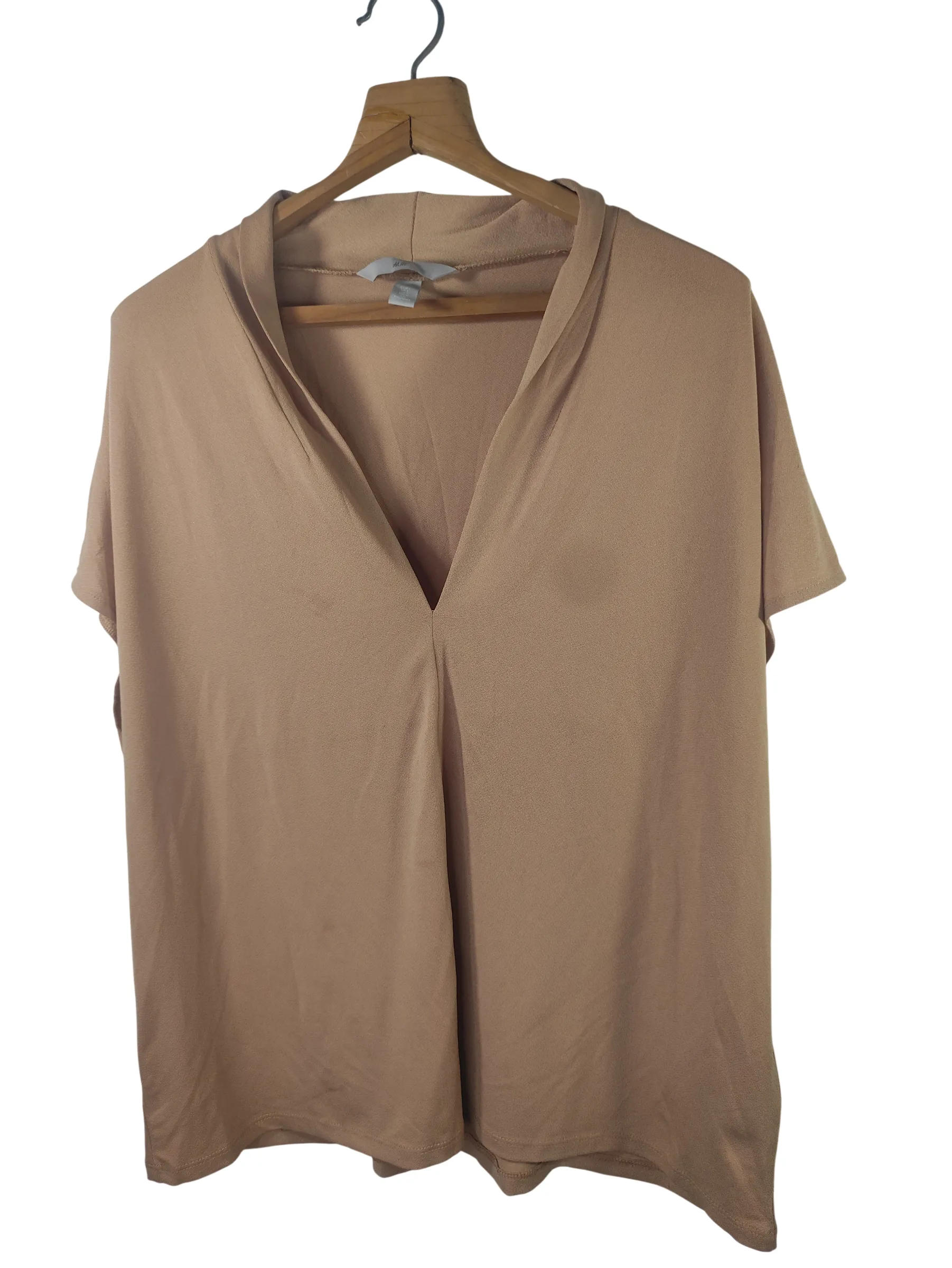H&M Women's Deep V-Neck Pleated Short Sleeve Blouse – Tan / Beige (Size L) — view 2