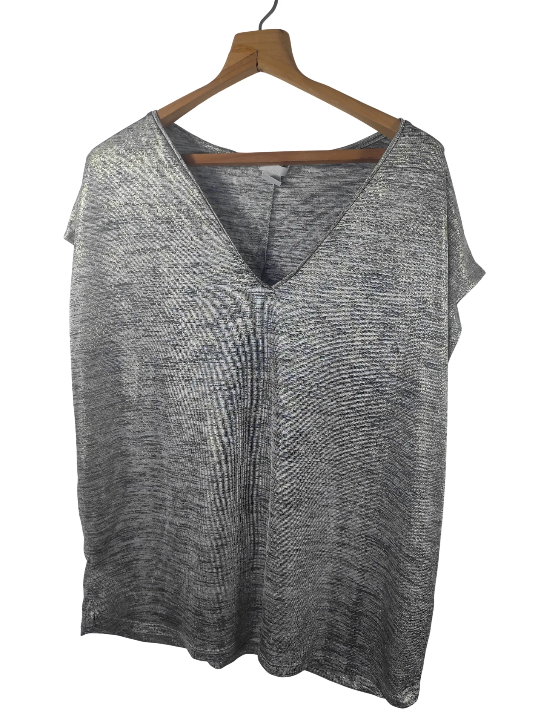 H&M Women's Metallic Shimmer V-Neck T-Shirt – Short Sleeve Relaxed Fit Top (Size L) — view 2