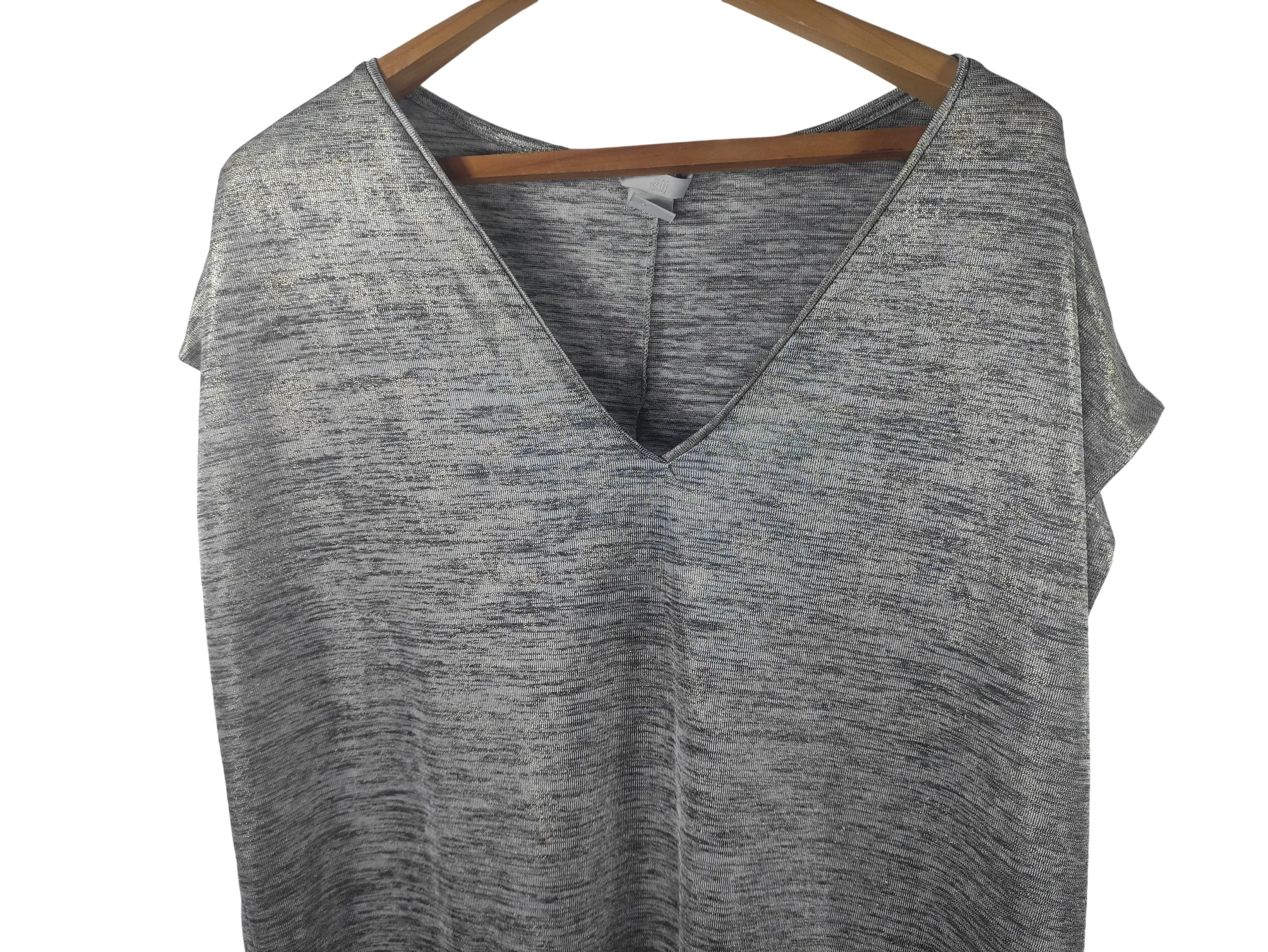 H&M Women's Metallic Shimmer V-Neck T-Shirt – Short Sleeve Relaxed Fit Top (Size L) — view 3