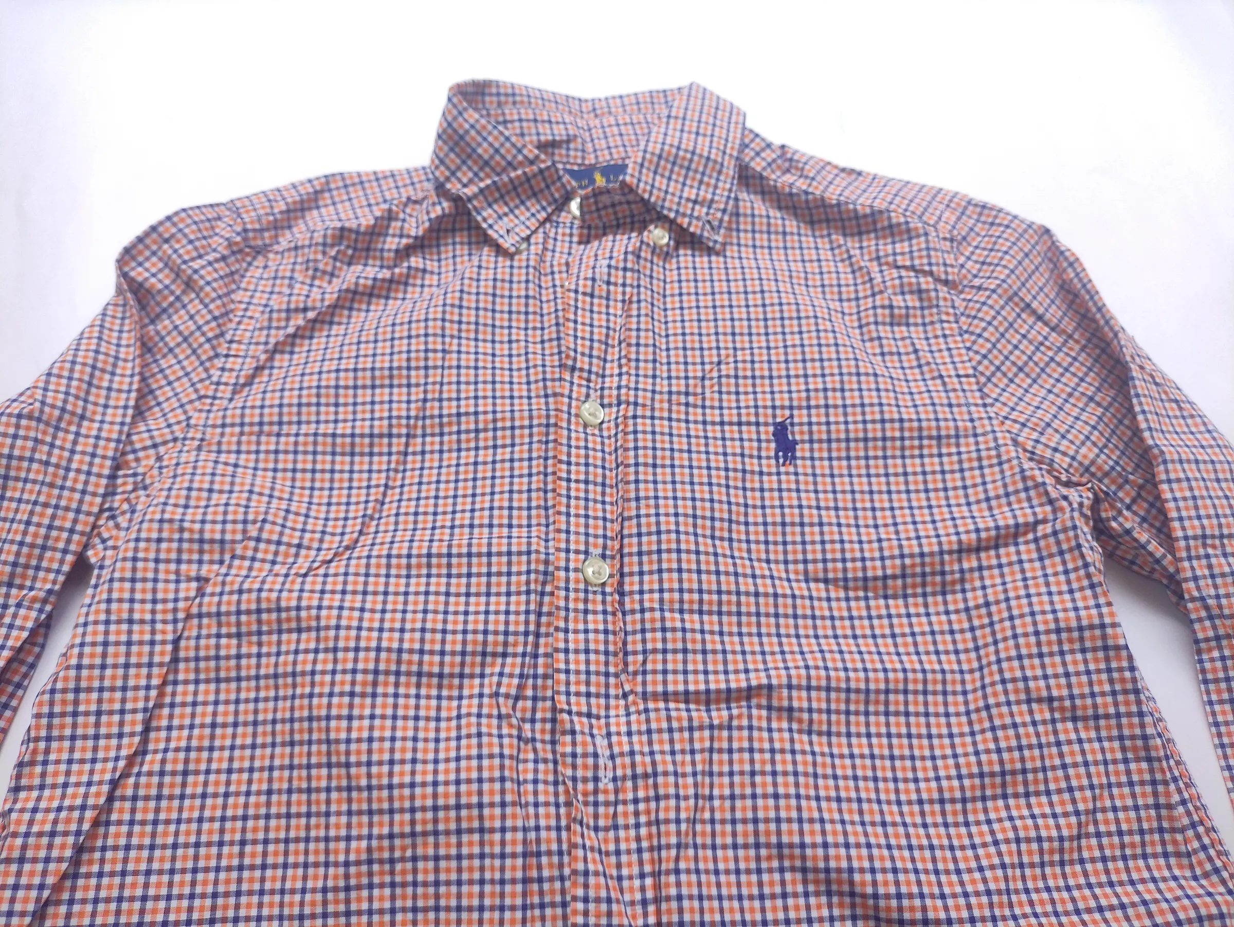 Ralph Lauren Boys Orange & Navy Blue Plaid Long-Sleeve Button-Down Shirt (Size M 10-12) — view 3