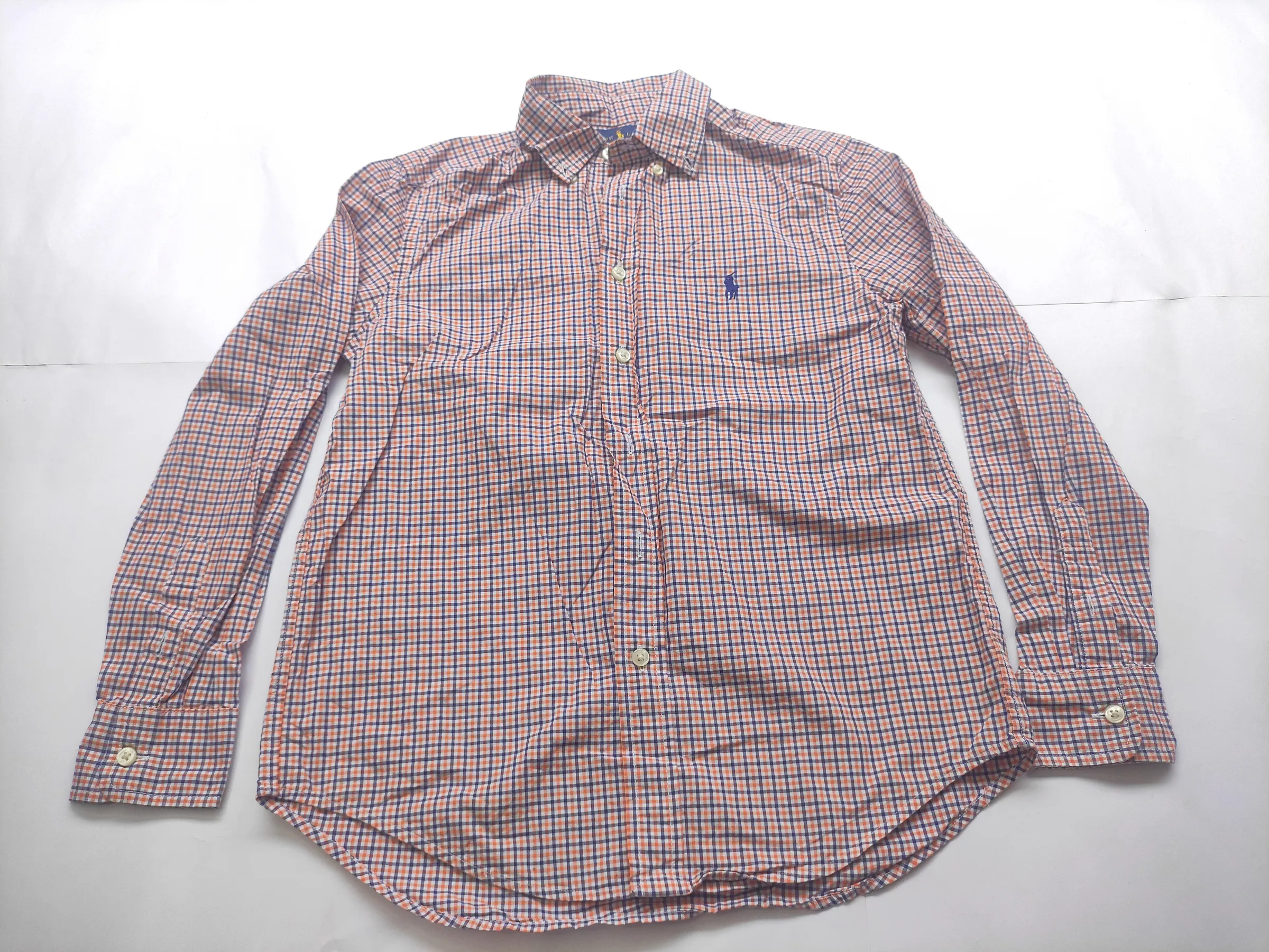 Ralph Lauren Boys Orange & Navy Blue Plaid Long-Sleeve Button-Down Shirt (Size M 10-12) — view 2